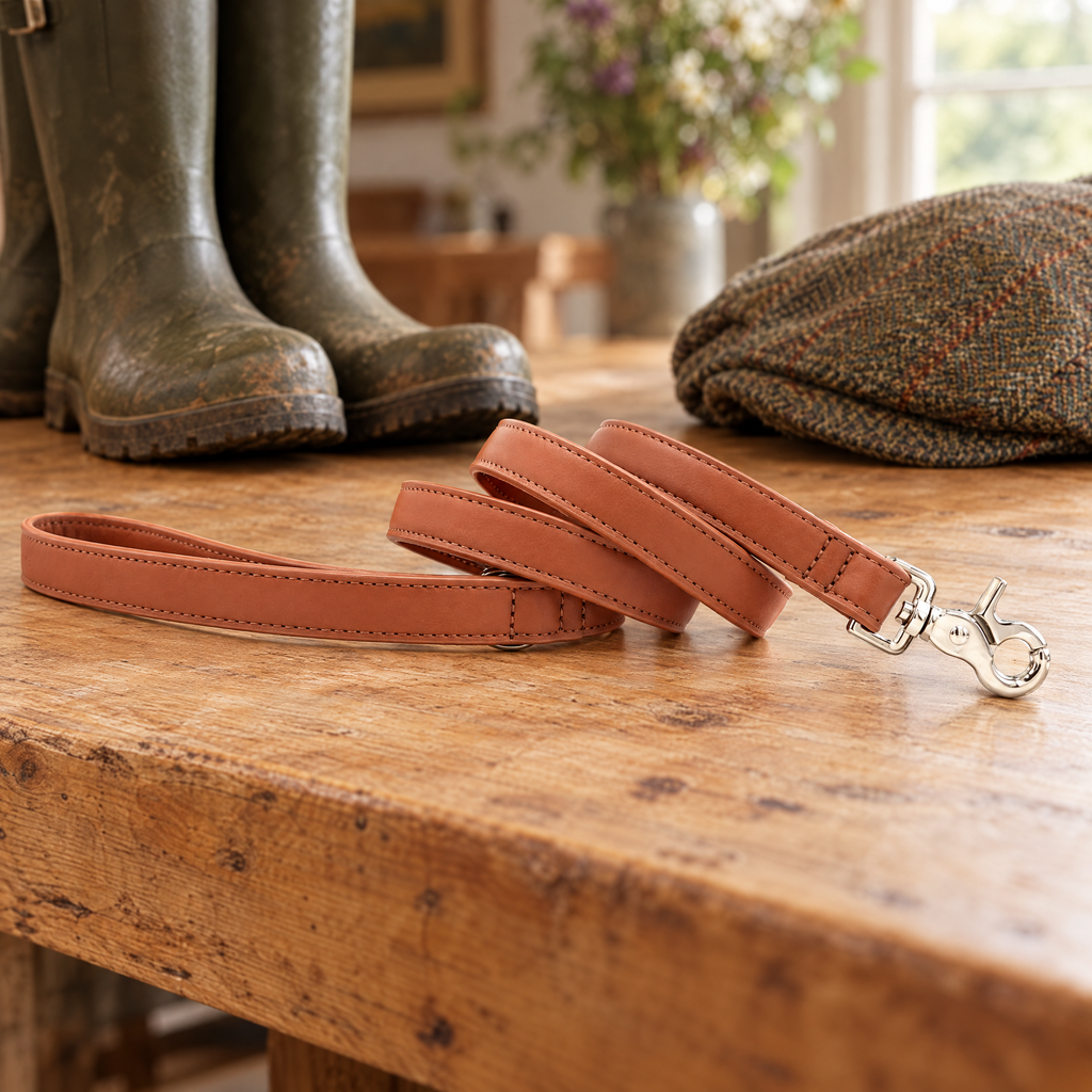 The Brown Vegan Leather Dog Lead curled on a scrubbed pine farmhouse table beside wellies and a flat cap