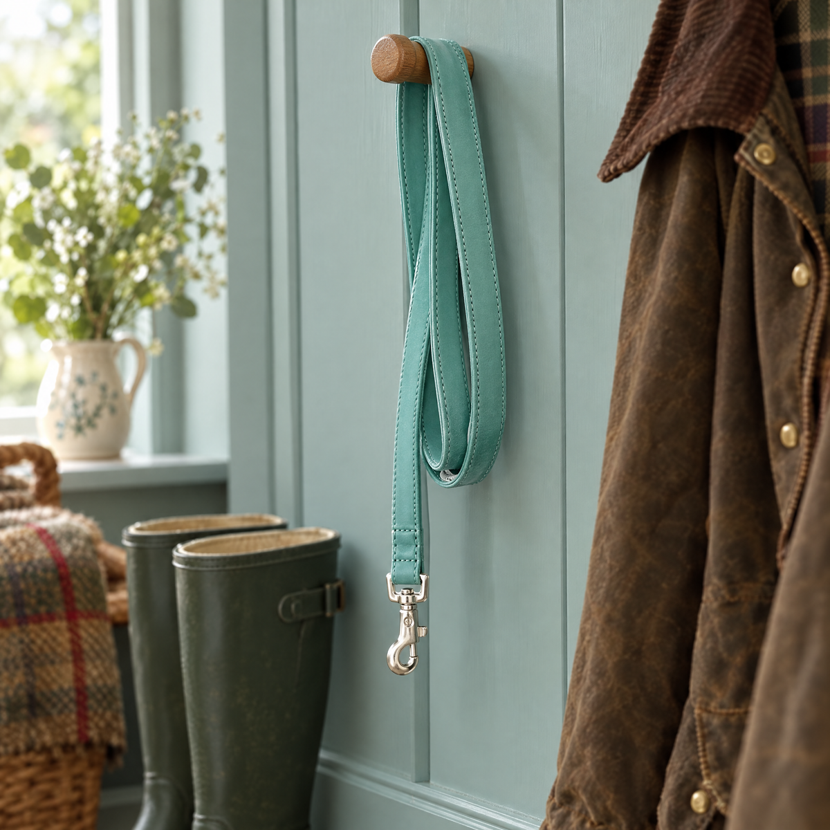 The Duck Egg Blue Vegan Leather Dog Lead by Ralph & Co hanging on a peg in a duck-egg painted boot room