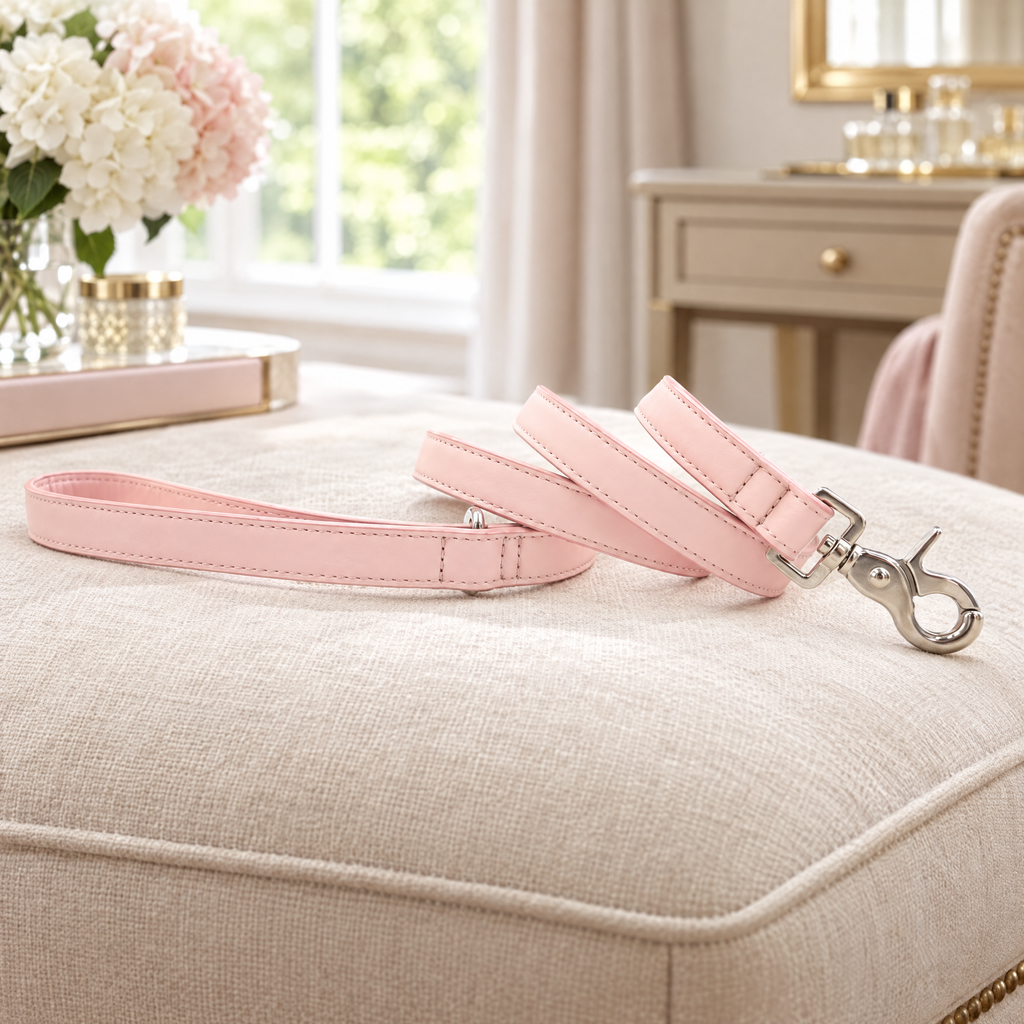 The Pink Vegan Leather Dog Lead by Ralph & Co curled on a cream linen dressing-room ottoman