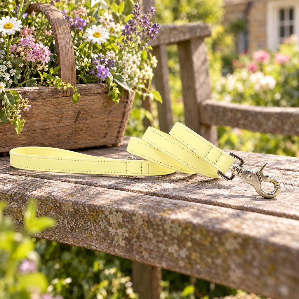 The Yellow Vegan Leather Dog Lead by Ralph & Co curled on a weathered garden bench beside a wooden trug