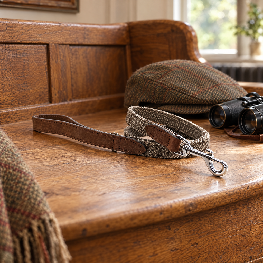 The Lincoln Brown Herringbone & Leather Dog Lead by Ralph & Co on an oak settle beside a flat cap and binoculars