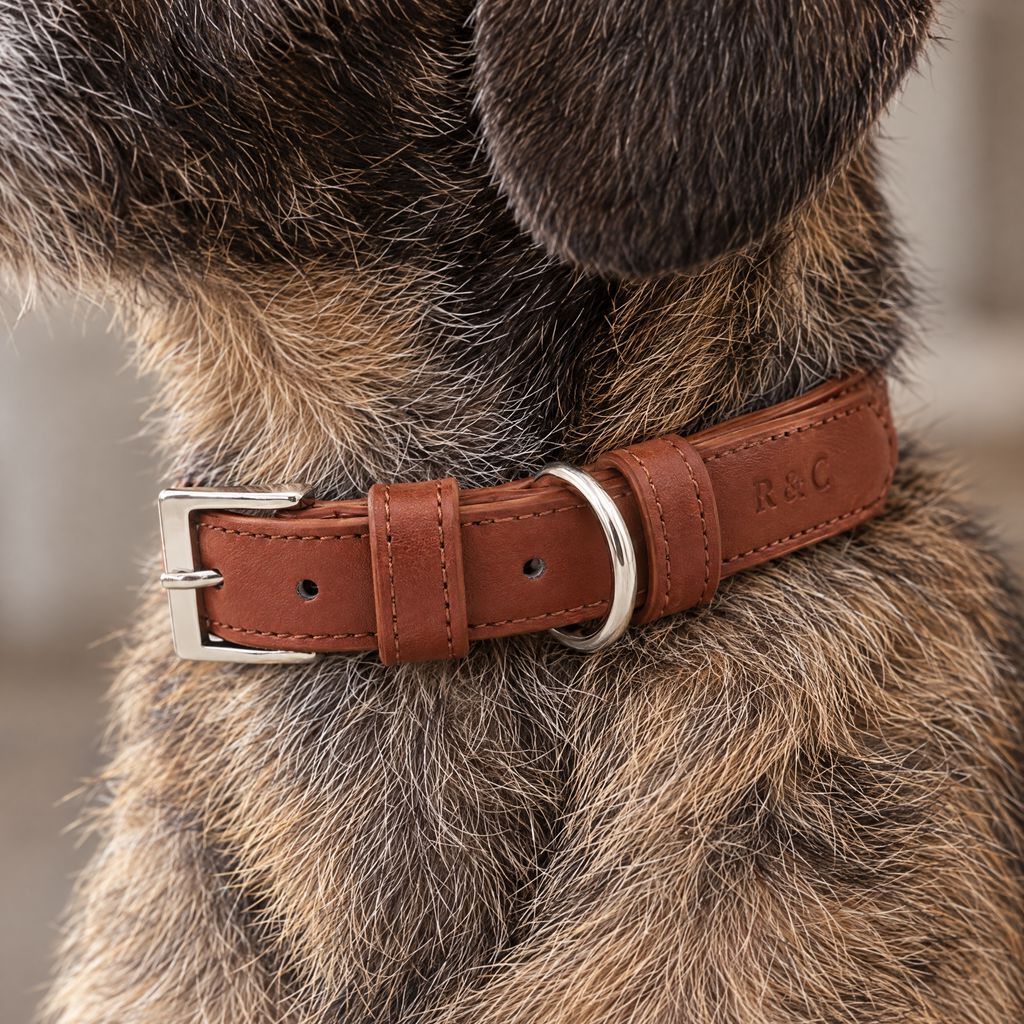 Close-up of the brown vegan leather collar, its stitching, buckle and embossed monogram