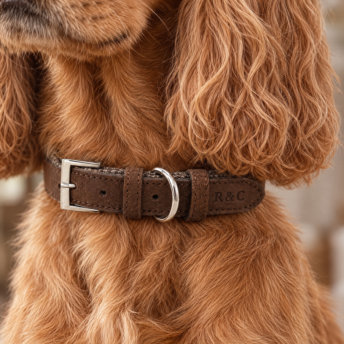 Close-up of The Lincoln Brown Herringbone & Leather Dog Collar by Ralph & Co on a Cocker Spaniel, showing the herringbone tweed, nubuck leather and buckle