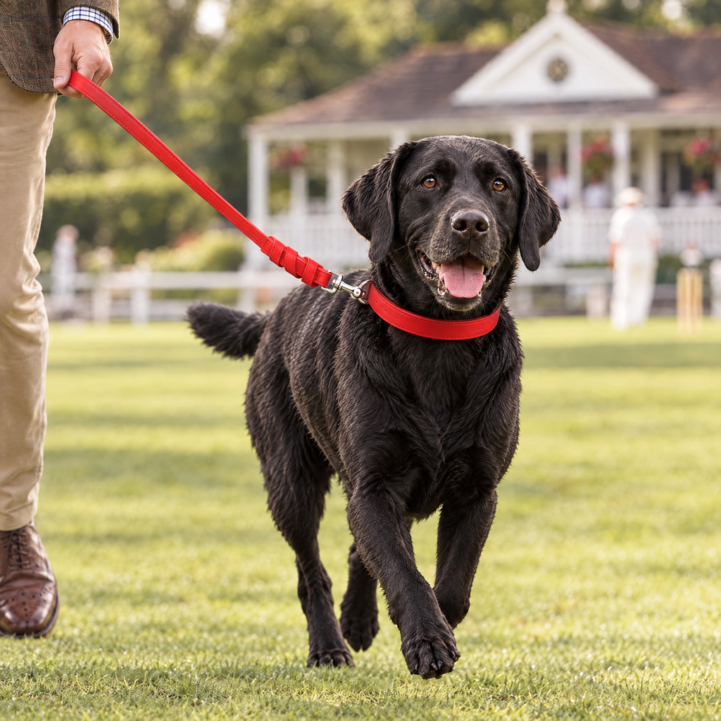 Black Labrador walking on a village green on The Red Vegan Leather Dog Lead by Ralph & Co