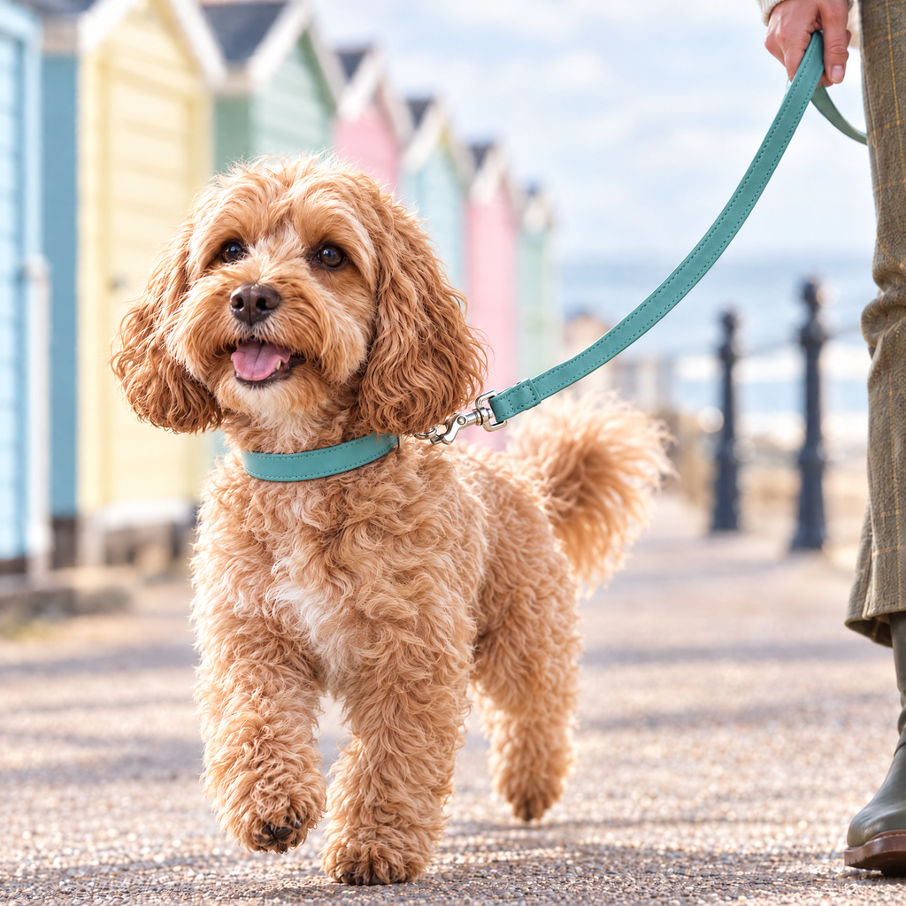 Apricot Cavapoo walking on a seaside promenade on The Duck Egg Blue Vegan Leather Dog Lead by Ralph & Co