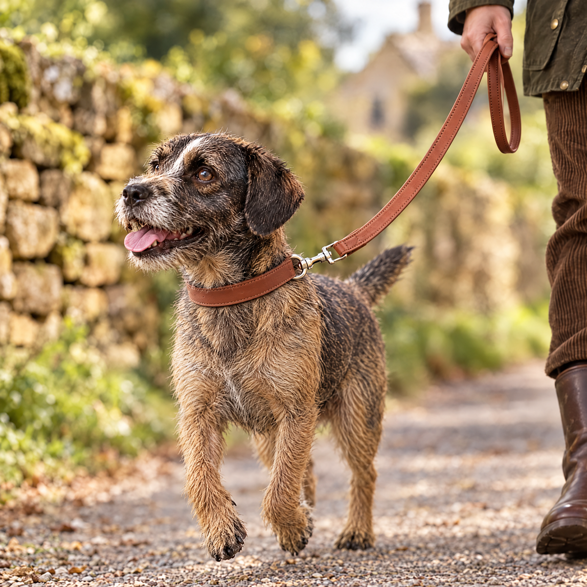 Border Terrier on a Cotswold lane walk wearing the matching brown collar and lead