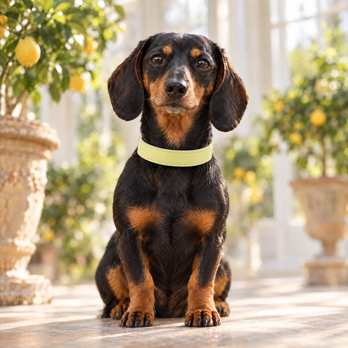 Black and tan miniature Dachshund sitting in a Victorian orangery wearing The Yellow Vegan Leather Dog Collar by Ralph & Co
