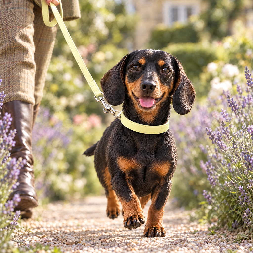 Miniature Dachshund walking along a lavender-lined garden path, wearing the Yellow Vegan Leather Dog Collar and matching lead by Ralph & Co