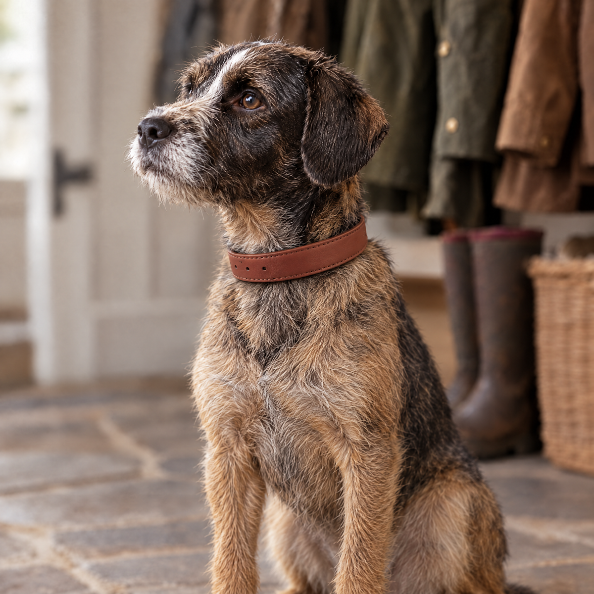 Border Terrier sitting in a farmhouse boot room wearing the Brown Vegan Leather Dog Collar by Ralph & Co