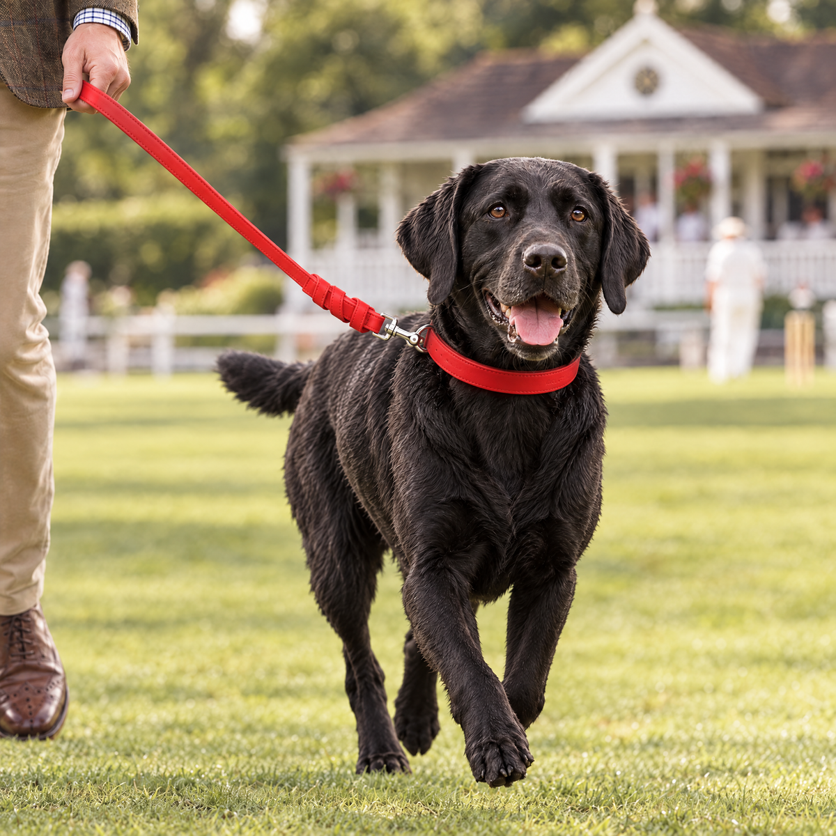 Black Labrador walking on a village green by a cricket pavilion, wearing the Red Vegan Leather Dog Collar and matching lead by Ralph & Co