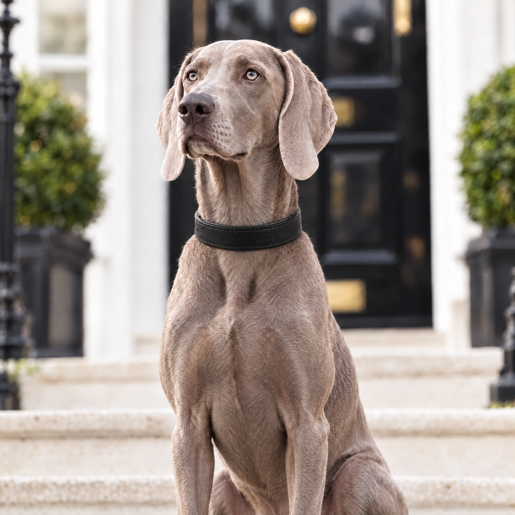 Weimaraner sitting on the white stone steps of a Chelsea townhouse wearing the Black Vegan Leather Dog Collar by Ralph & Co