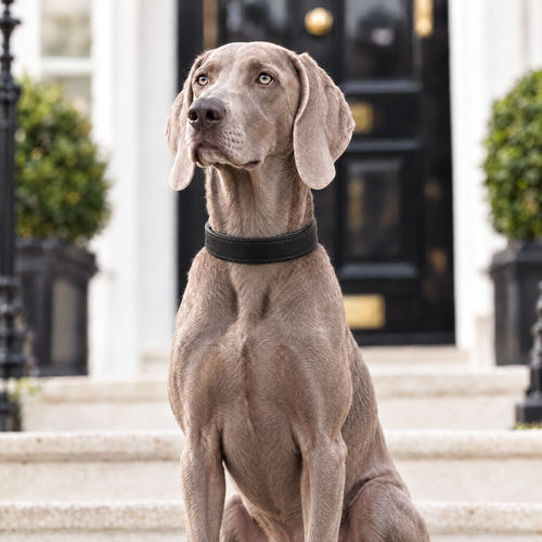 Weimaraner sitting on the white stone steps of a Chelsea townhouse wearing the Black Vegan Leather Dog Collar by Ralph & Co