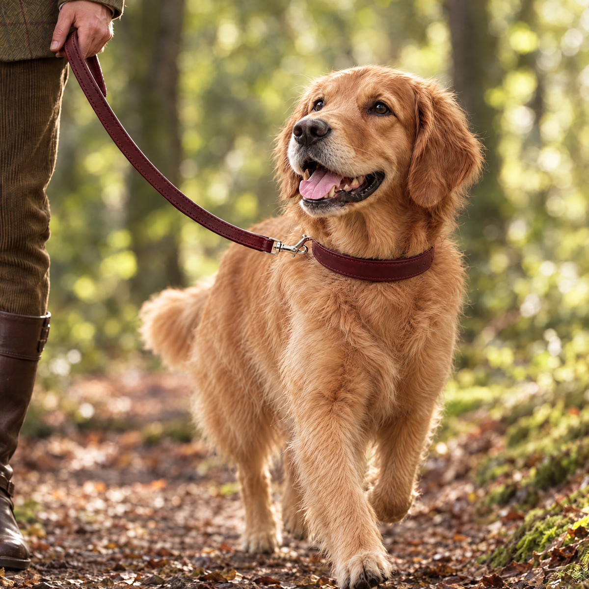 Golden Retriever on a beech woodland walk on the Oxblood Red Vegan Leather Dog Lead by Ralph & Co, with matching collar