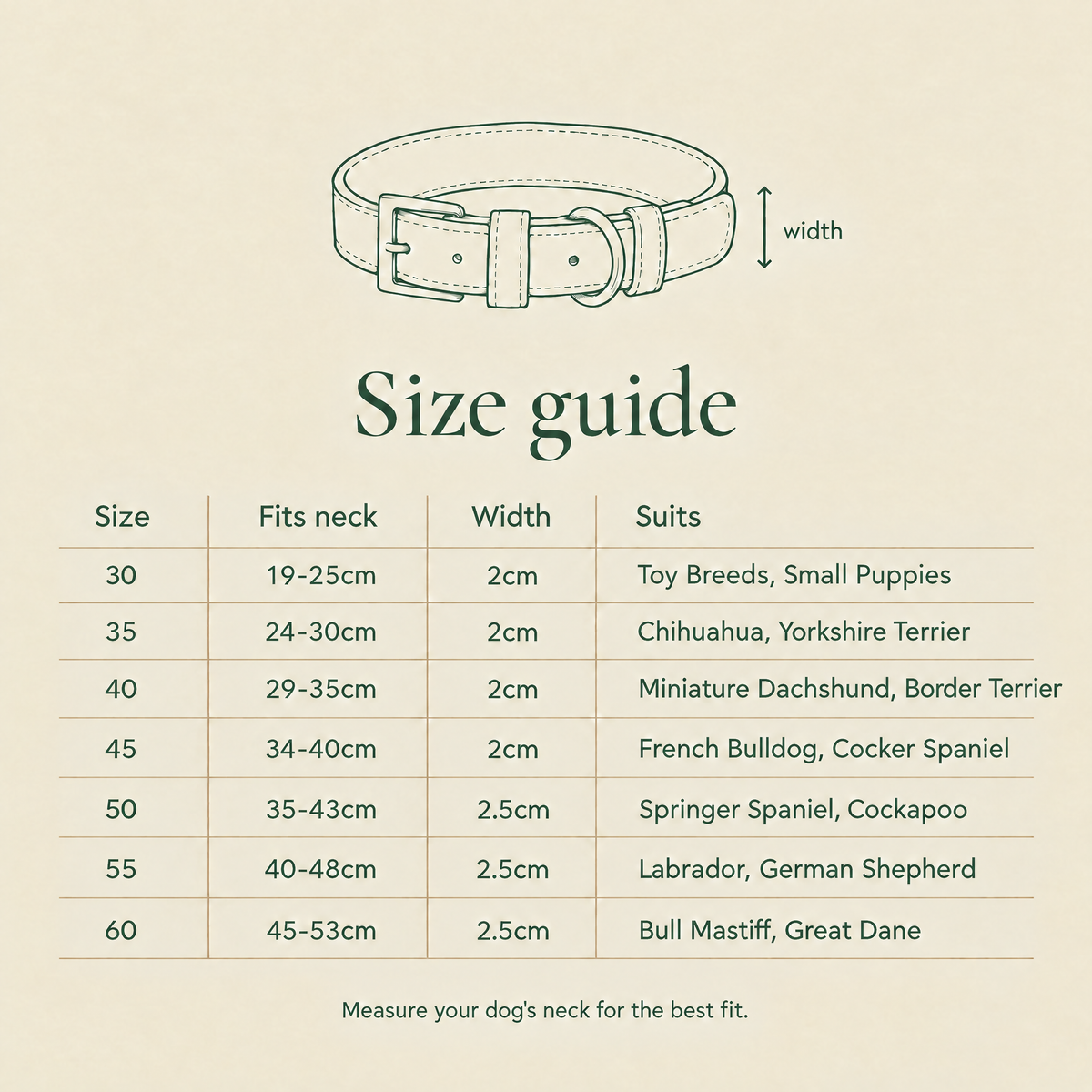 Size guide for The Lincoln Brown Herringbone & Leather Dog Collar by Ralph & Co, sizes 30 to 60
