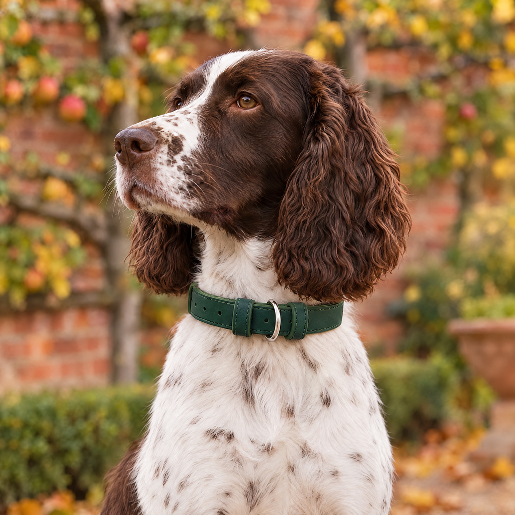 Liver and white English Springer Spaniel sitting in an autumn walled garden wearing The Green Vegan Leather Dog Collar by Ralph & Co