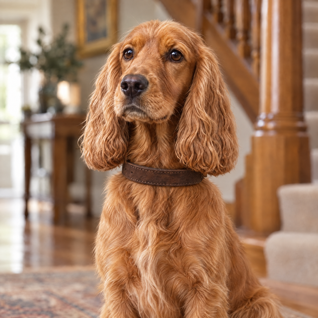 Golden Cocker Spaniel sitting in a country house hall with an oak staircase wearing The Lincoln Brown Herringbone & Leather Dog Collar by Ralph & Co