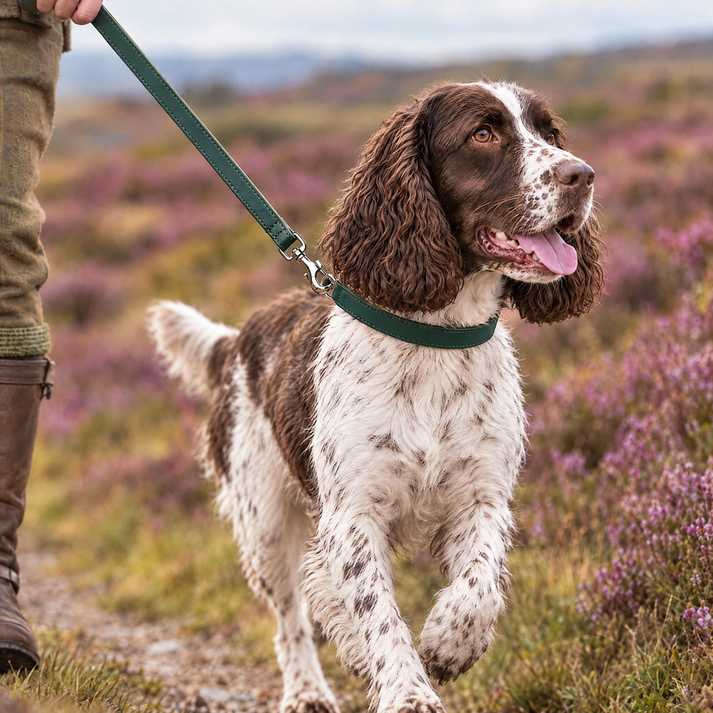 English Springer Spaniel walking on a heather moor on The Green Vegan Leather Dog Lead by Ralph & Co with the matching collar