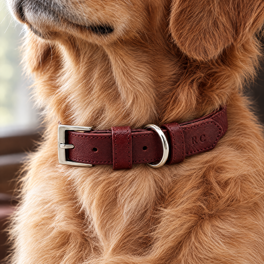 Close-up of the oxblood red vegan leather collar showing its silver buckle, stitching and embossed monogram