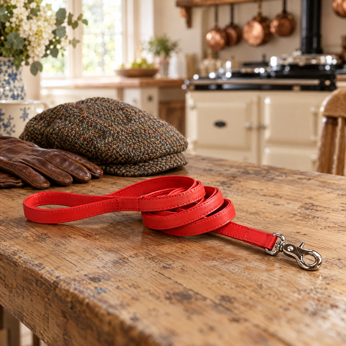 The Red Vegan Leather Dog Lead by Ralph & Co coiled on a farmhouse kitchen table beside a tweed cap