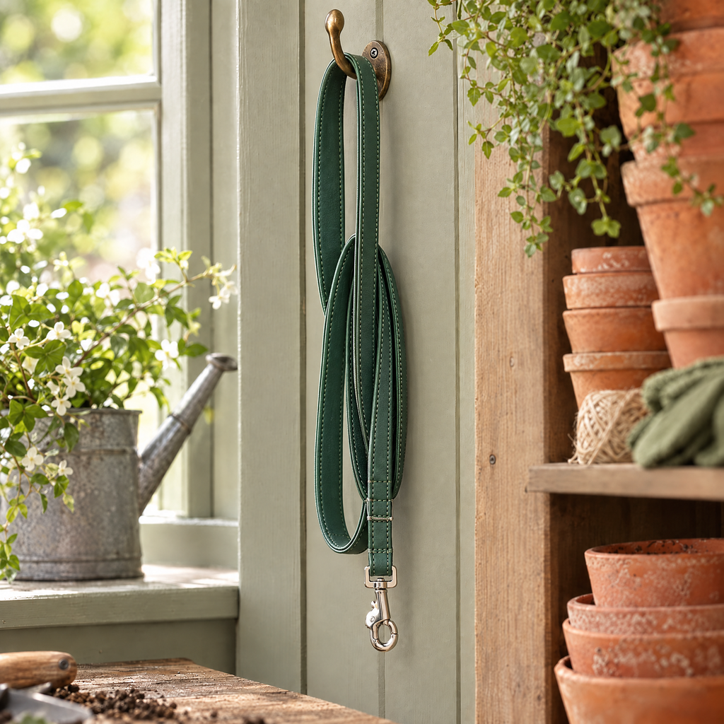 The Green Vegan Leather Dog Lead by Ralph & Co hanging on a brass hook in a potting shed with terracotta pots