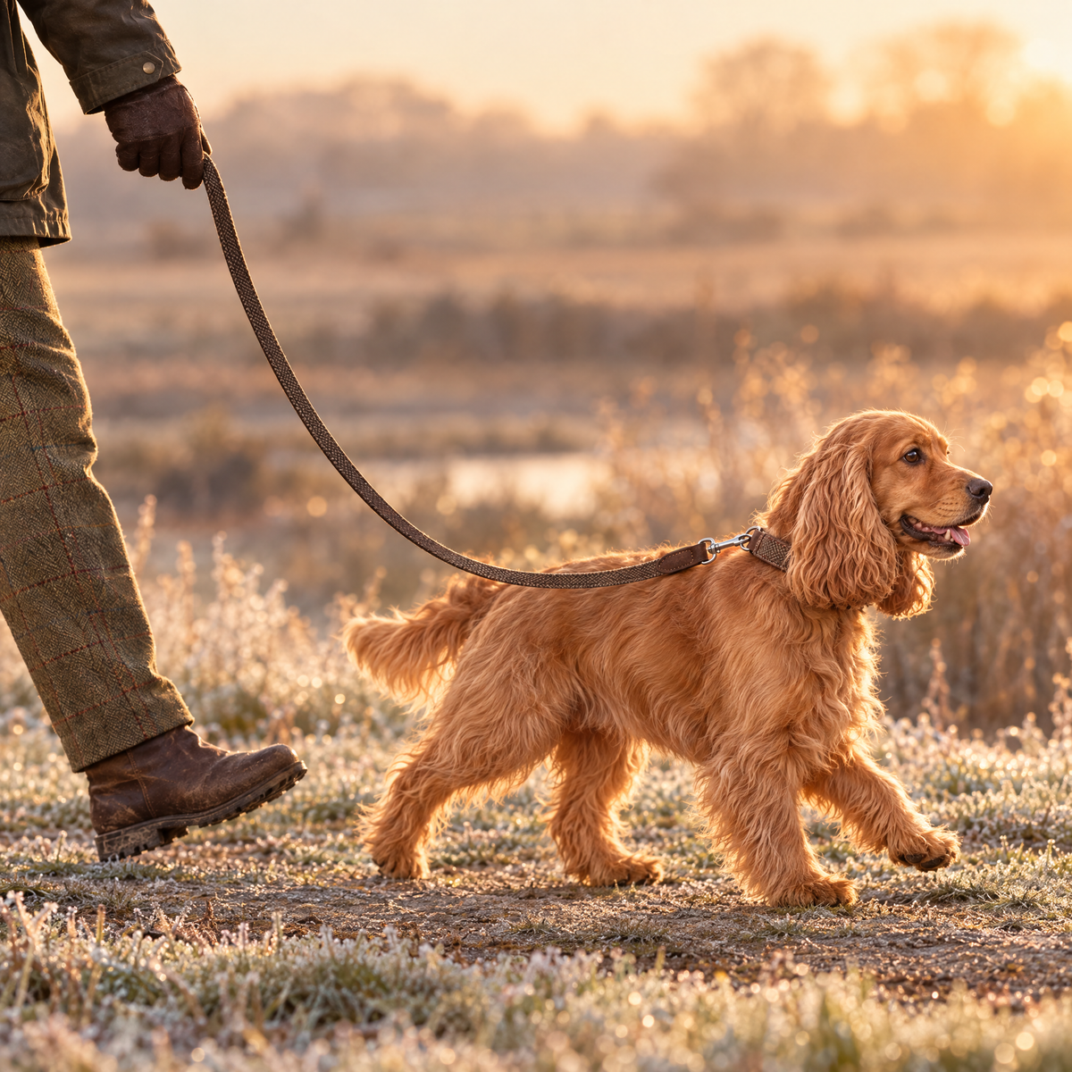 Golden Cocker Spaniel walking on a frosty fenland footpath at dawn wearing The Lincoln Brown Herringbone & Leather Dog Collar by Ralph & Co with the matching lead