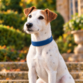 White Smooth Fox Terrier sitting on garden steps wearing the Royal Blue Vegan Leather Dog Collar by Ralph & Co