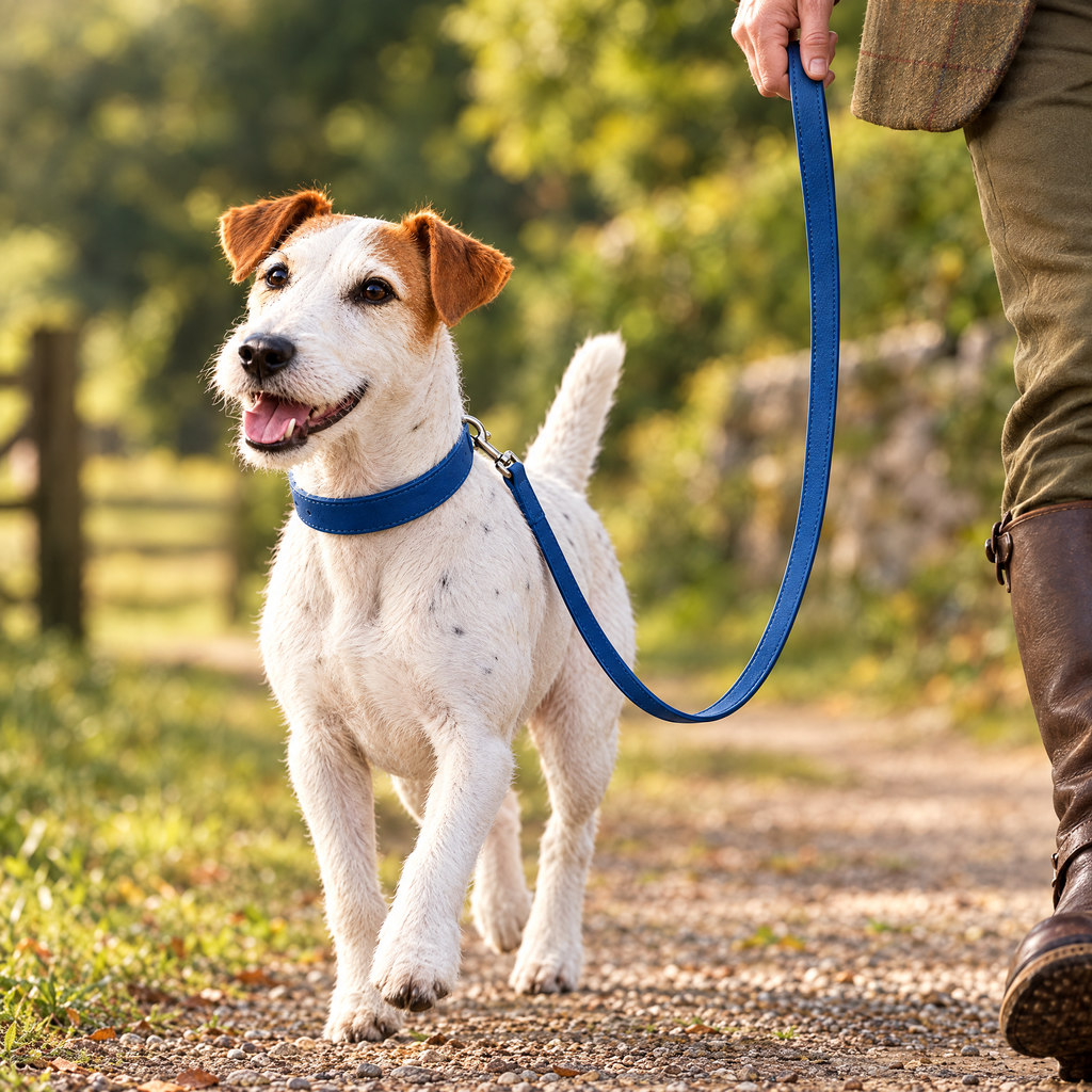Smooth Fox Terrier on a country walk wearing the matching royal blue collar and lead