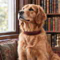 Golden Retriever sitting on a Georgian library window seat wearing the Oxblood Red Vegan Leather Dog Collar by Ralph & Co