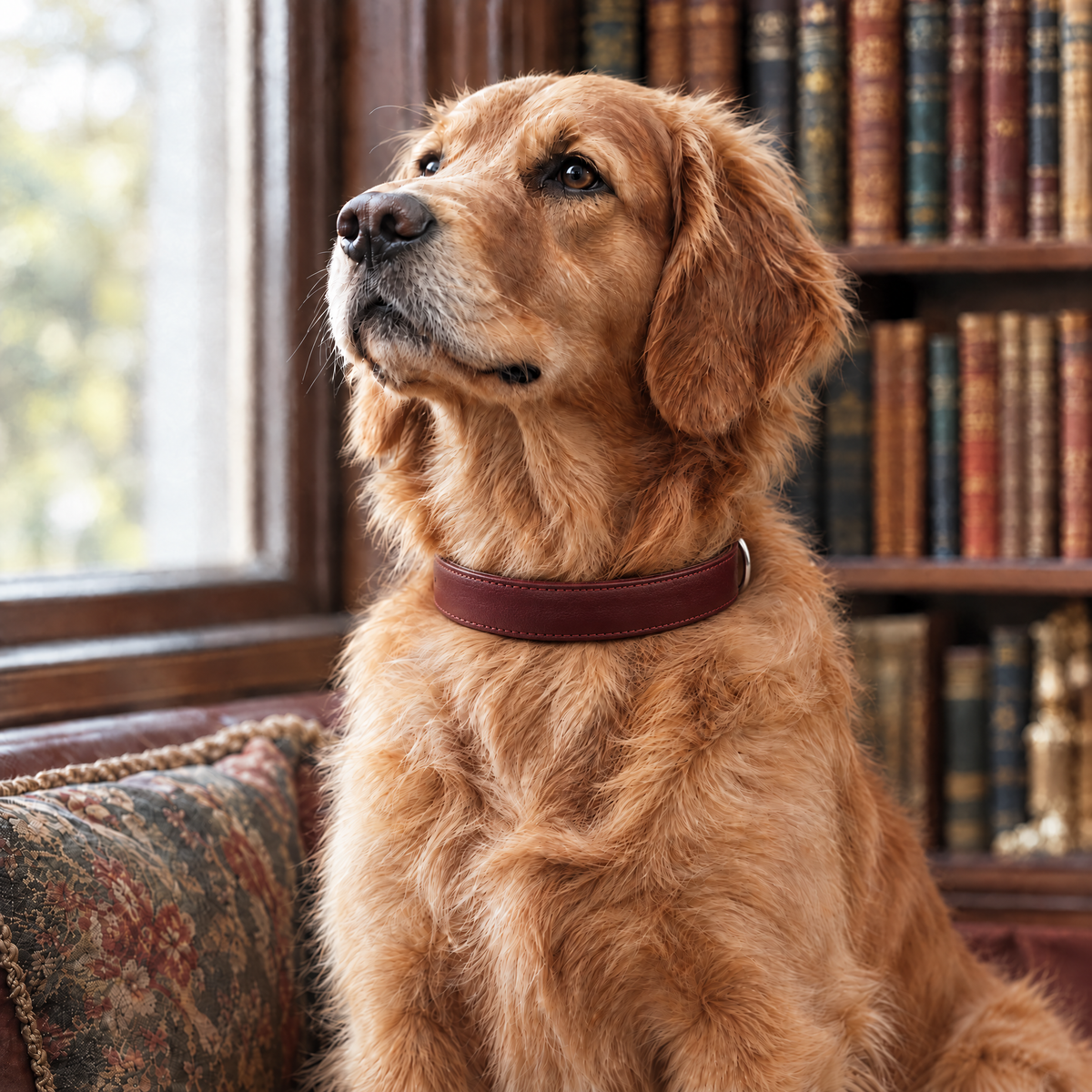 Golden Retriever sitting on a Georgian library window seat wearing the Oxblood Red Vegan Leather Dog Collar by Ralph & Co