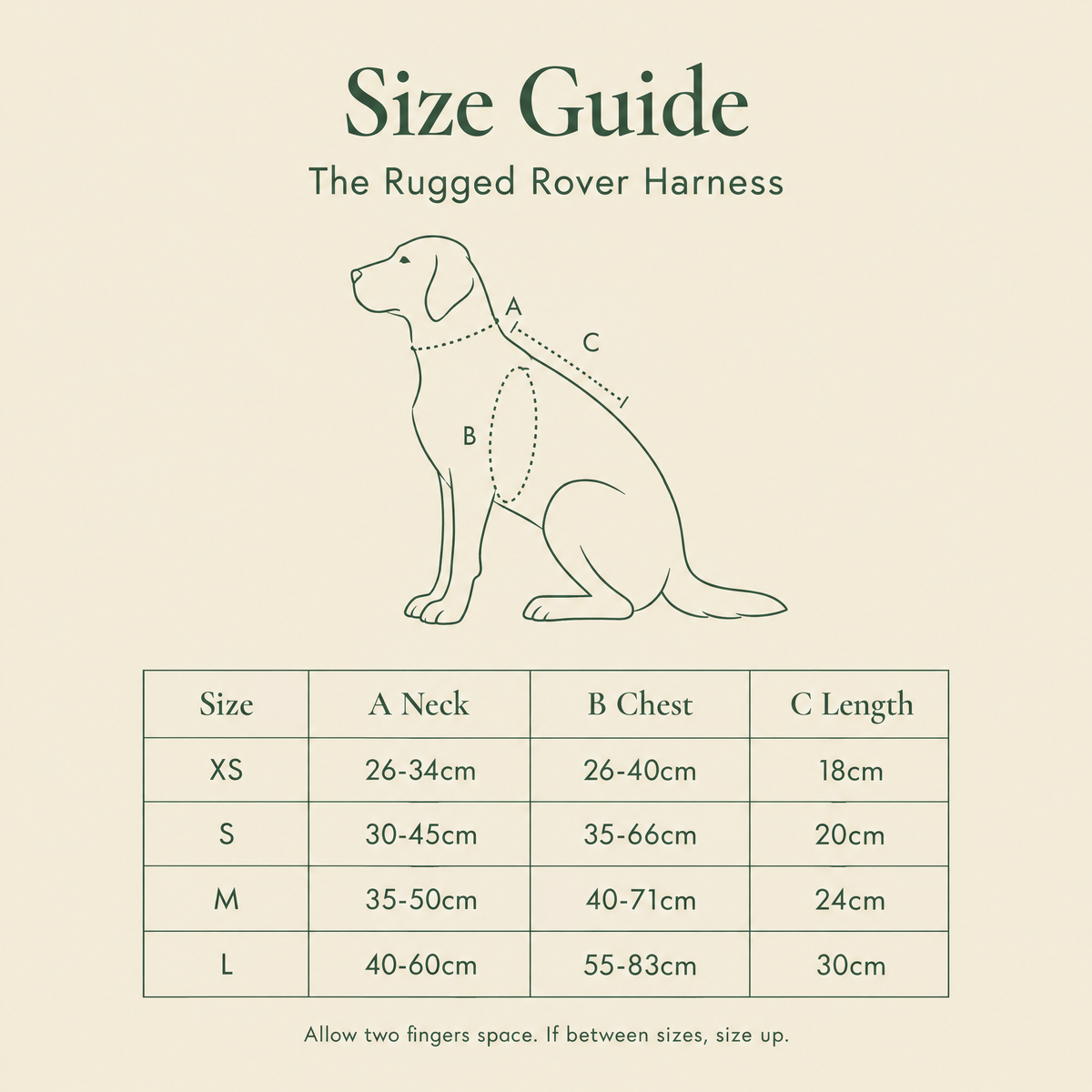 Size guide for the Rugged Rover dog harness