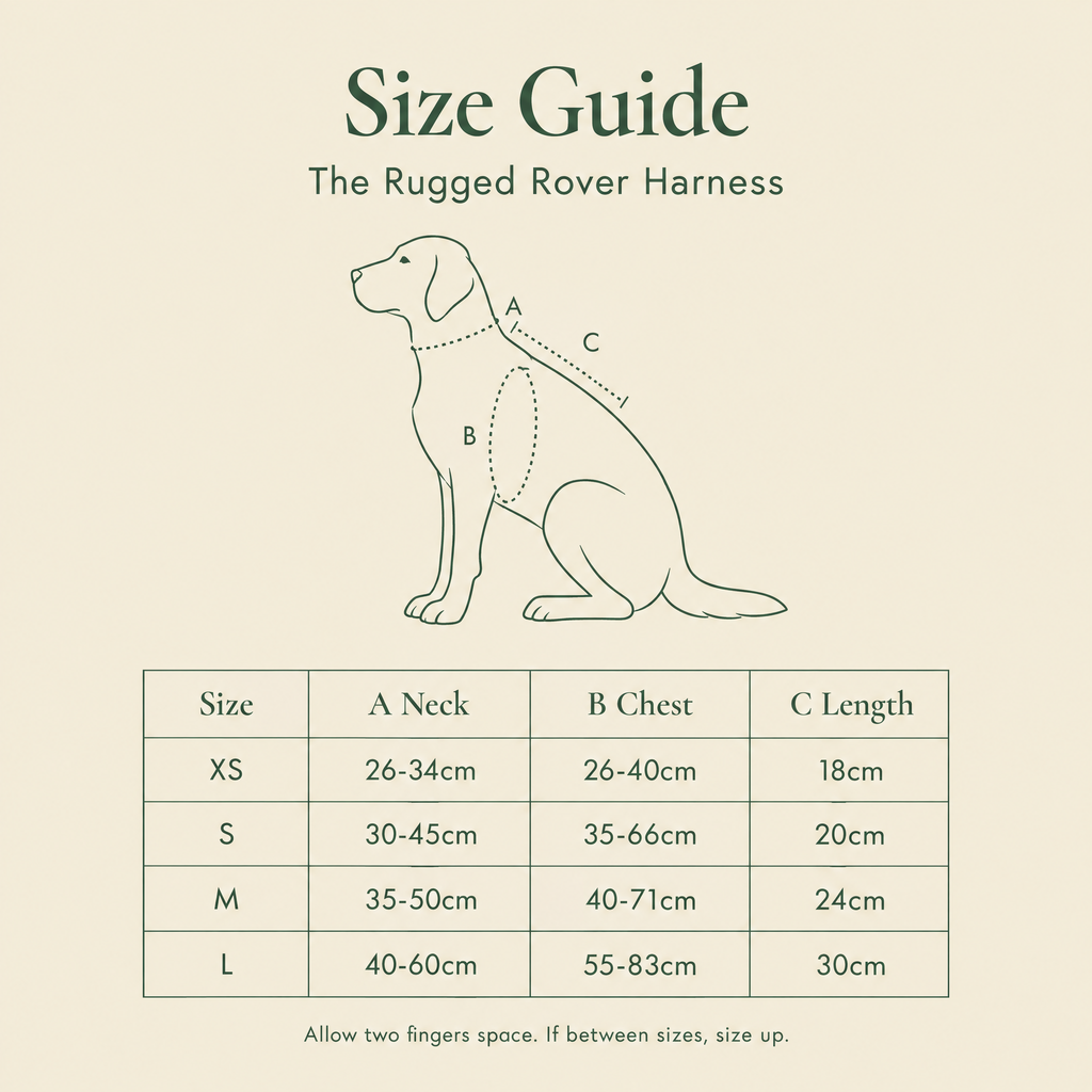 Size guide for the Rugged Rover dog harness