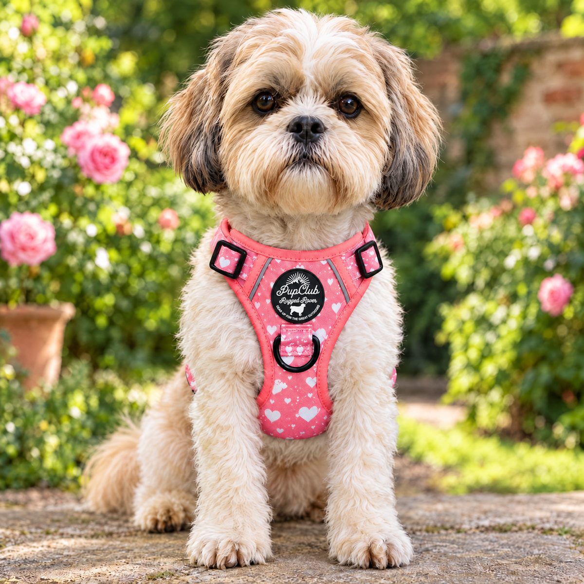 Shih Tzu wearing the Peachy Hearts Rugged Rover dog harness by PupClub Couture, front view showing the chest panel and badge