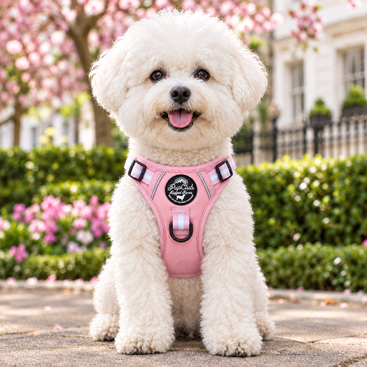 Bichon Frise wearing the Pastel Pink Rugged Rover dog harness by PupClub Couture, front view showing the chest panel and badge