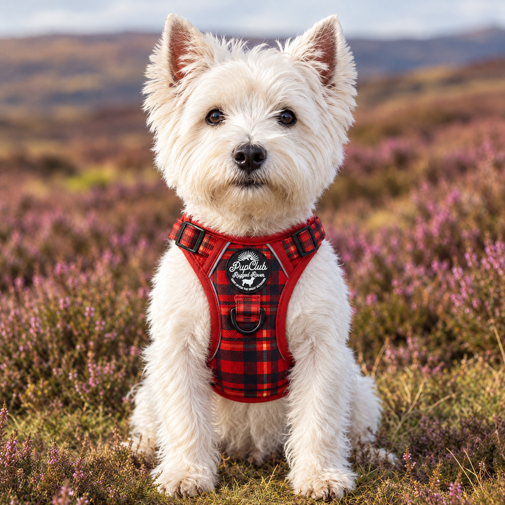 West Highland White Terrier wearing the Red Tartan Rugged Rover dog harness by PupClub Couture, front view showing the chest panel and badge