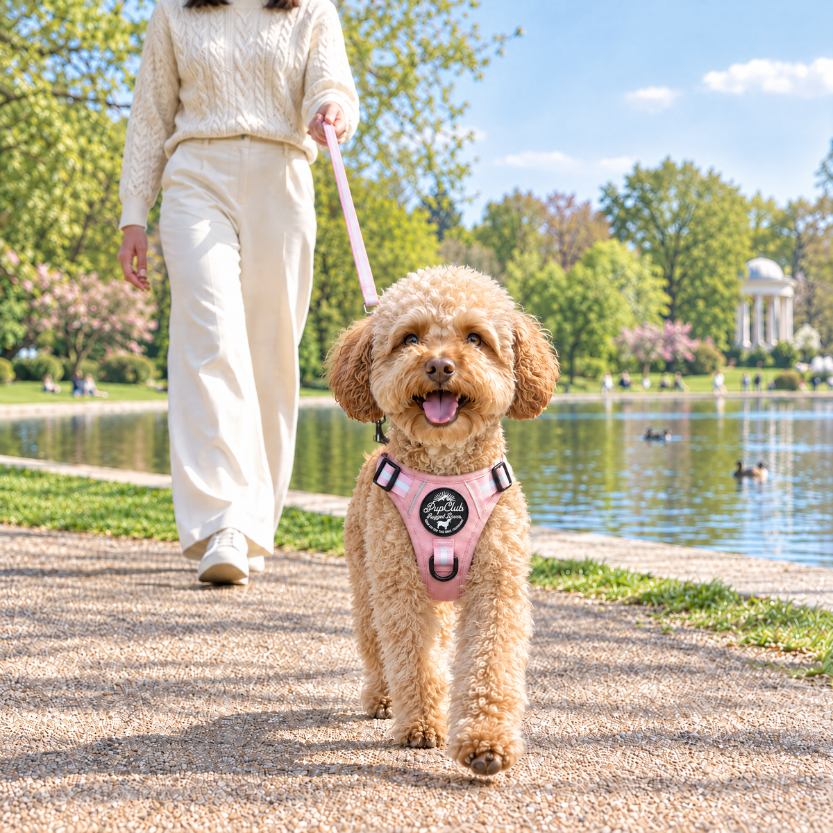 Apricot Toy Poodle out on a walk in the Pastel Pink Rugged Rover harness and matching lead by PupClub Couture