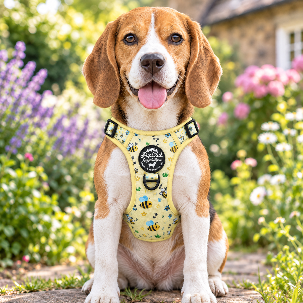 Beagle wearing the Bee-utiful Summer Rugged Rover dog harness by PupClub Couture, front view showing the chest panel and badge