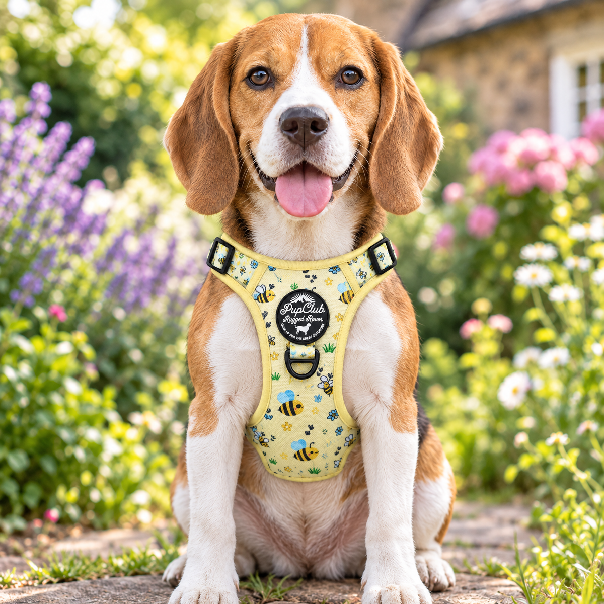 Beagle wearing the Bee-utiful Summer Rugged Rover dog harness by PupClub Couture, front view showing the chest panel and badge