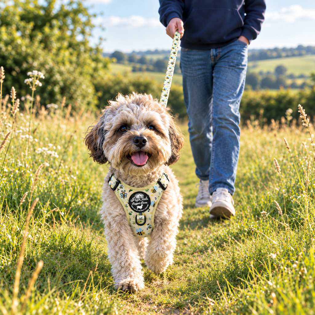 Havanese out on a walk in the Bee-utiful Summer Rugged Rover harness and matching lead by PupClub Couture