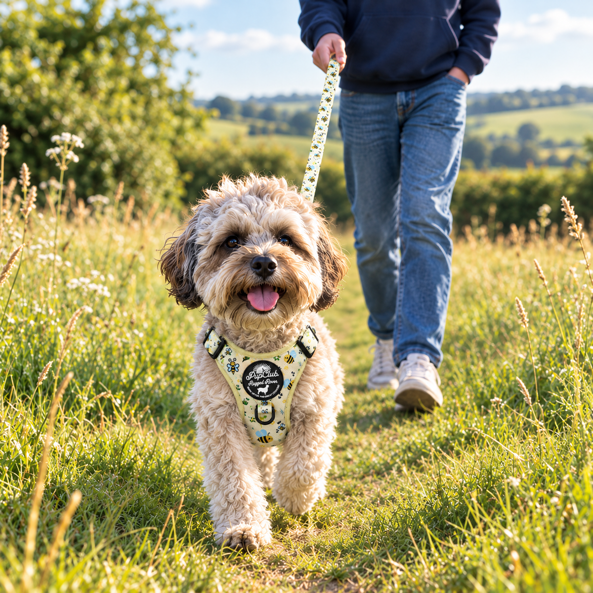 Havanese out on a walk in the Bee-utiful Summer Rugged Rover harness and matching lead by PupClub Couture