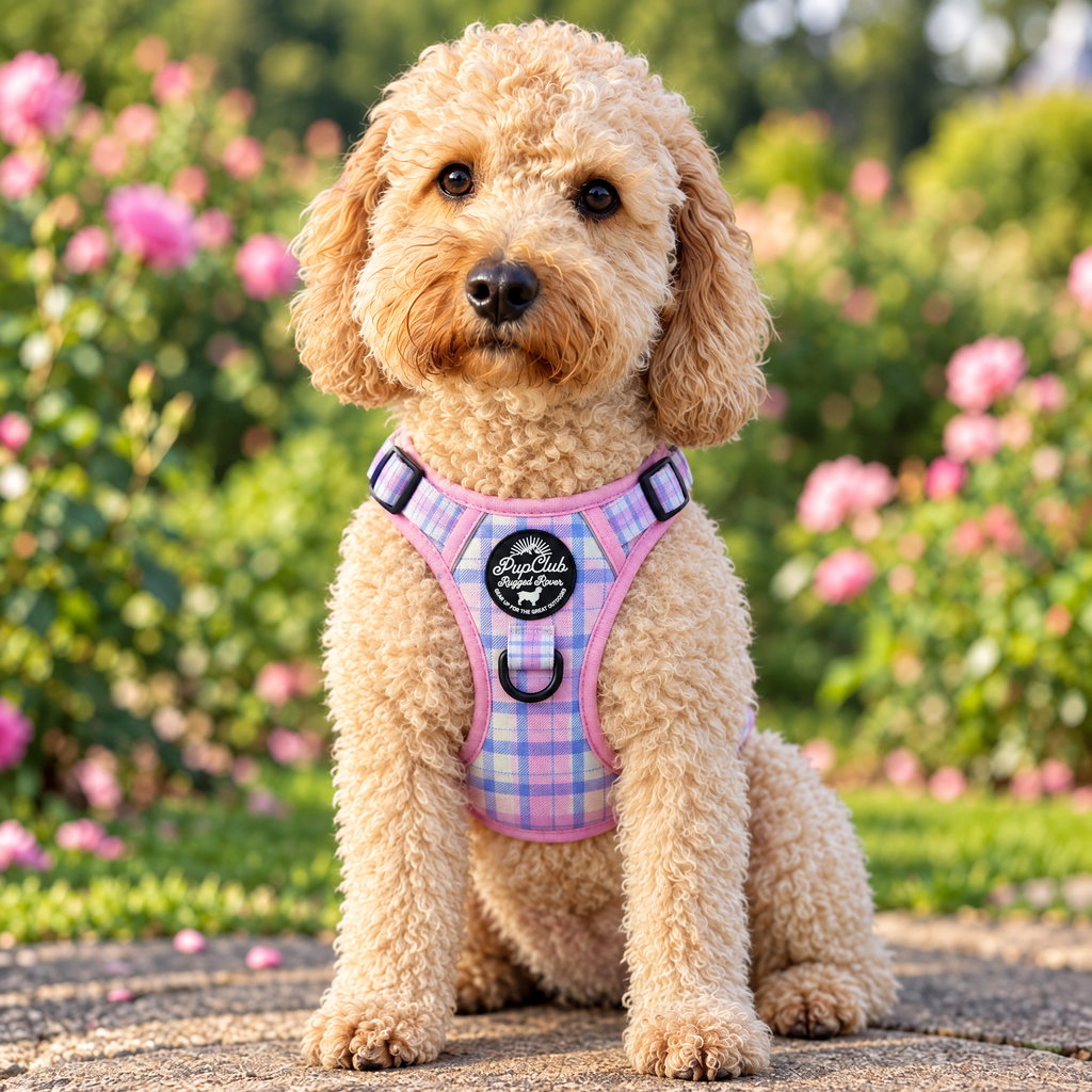 Cavachon wearing the Pink Tartan Rugged Rover dog harness by PupClub Couture, front view showing the chest panel and badge