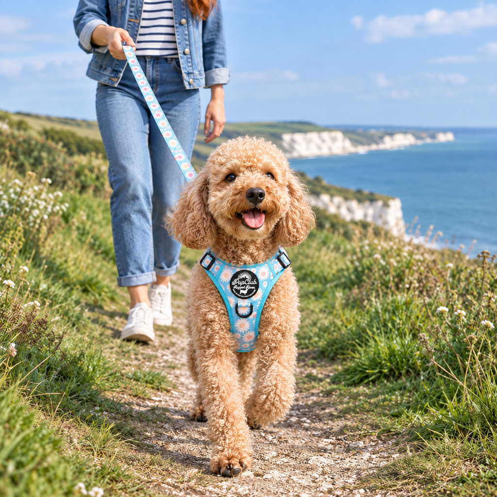 Dog out on a walk with the Pastel Daisy lead and matching Rugged Rover harness by PupClub