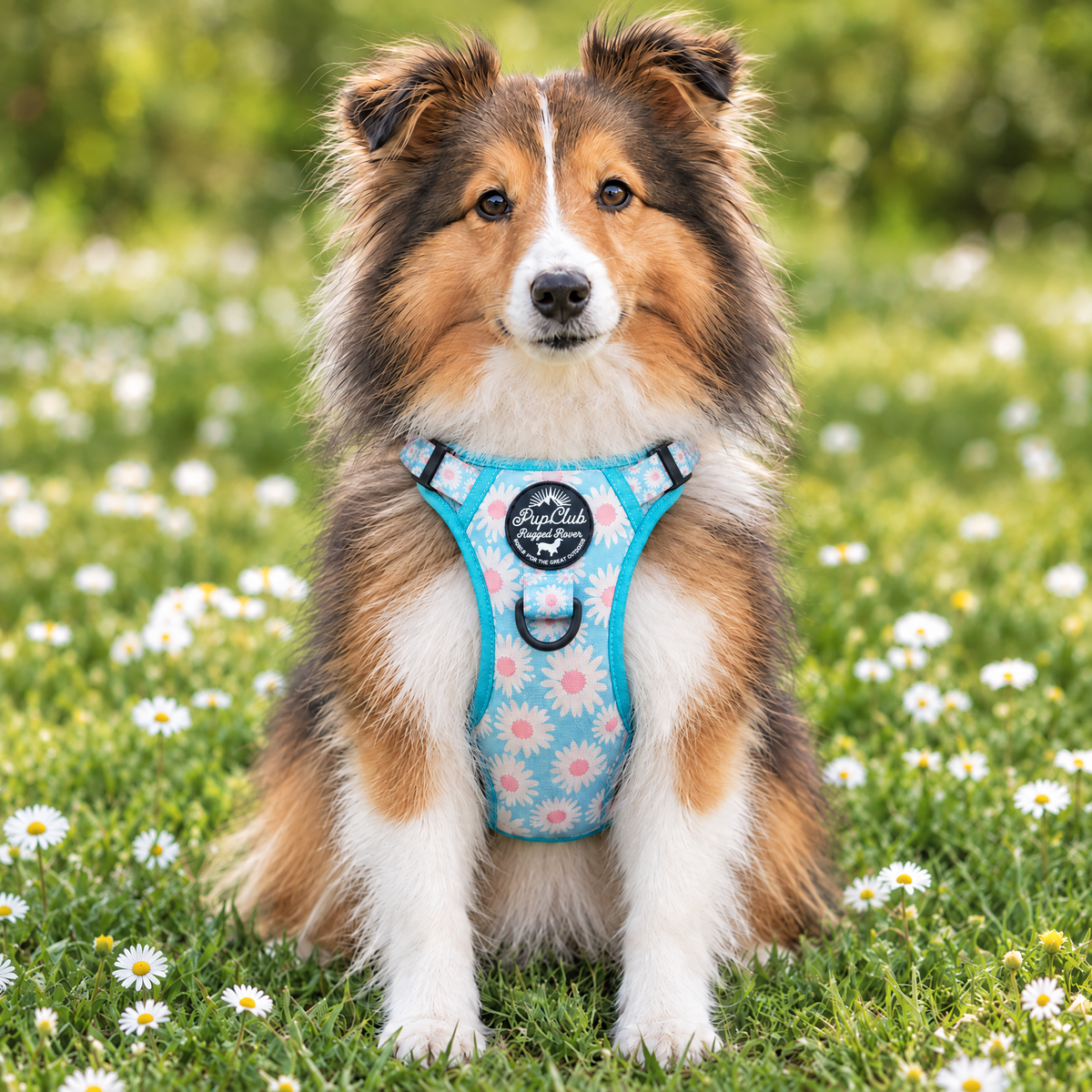 Shetland Sheepdog wearing the Pastel Daisy Rugged Rover dog harness by PupClub Couture, front view showing the chest panel and badge