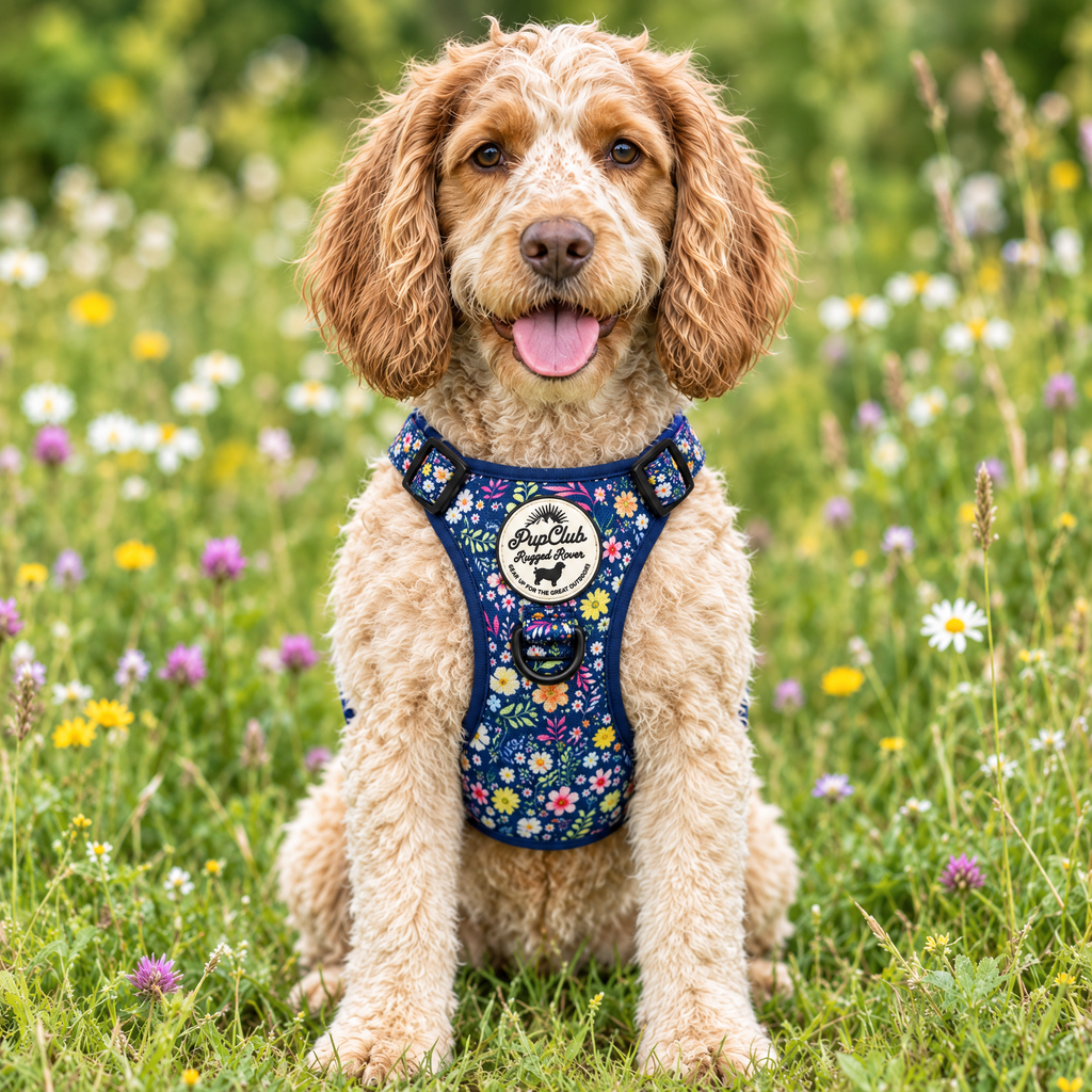 Sprocker Spaniel wearing the Summer Meadow Rugged Rover dog harness by PupClub Couture, front view showing the chest panel and cream badge