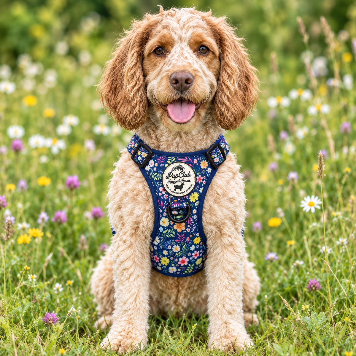 Sprocker Spaniel wearing the Summer Meadow Rugged Rover dog harness by PupClub Couture, front view showing the chest panel and cream badge