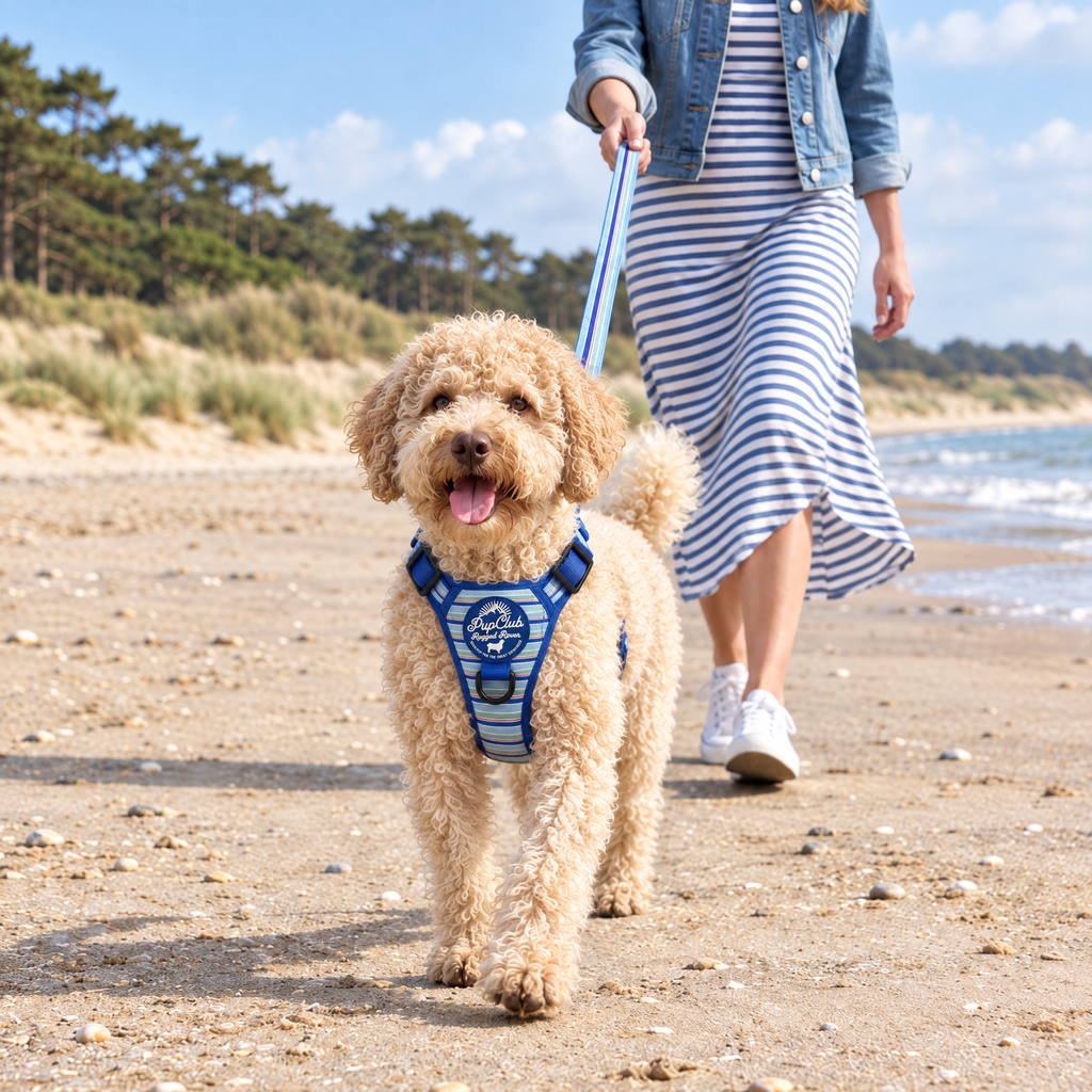Lagotto Romagnolo out on a walk in the Sea Breeze Stripes Rugged Rover harness and matching lead by PupClub Couture