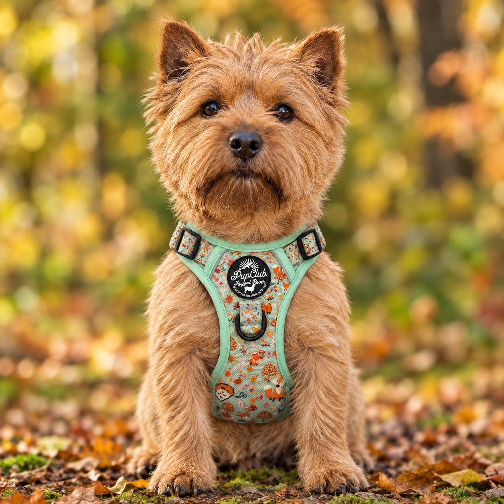 Norwich Terrier wearing the Woodland Friends Rugged Rover dog harness by PupClub Couture, front view showing the chest panel and badge