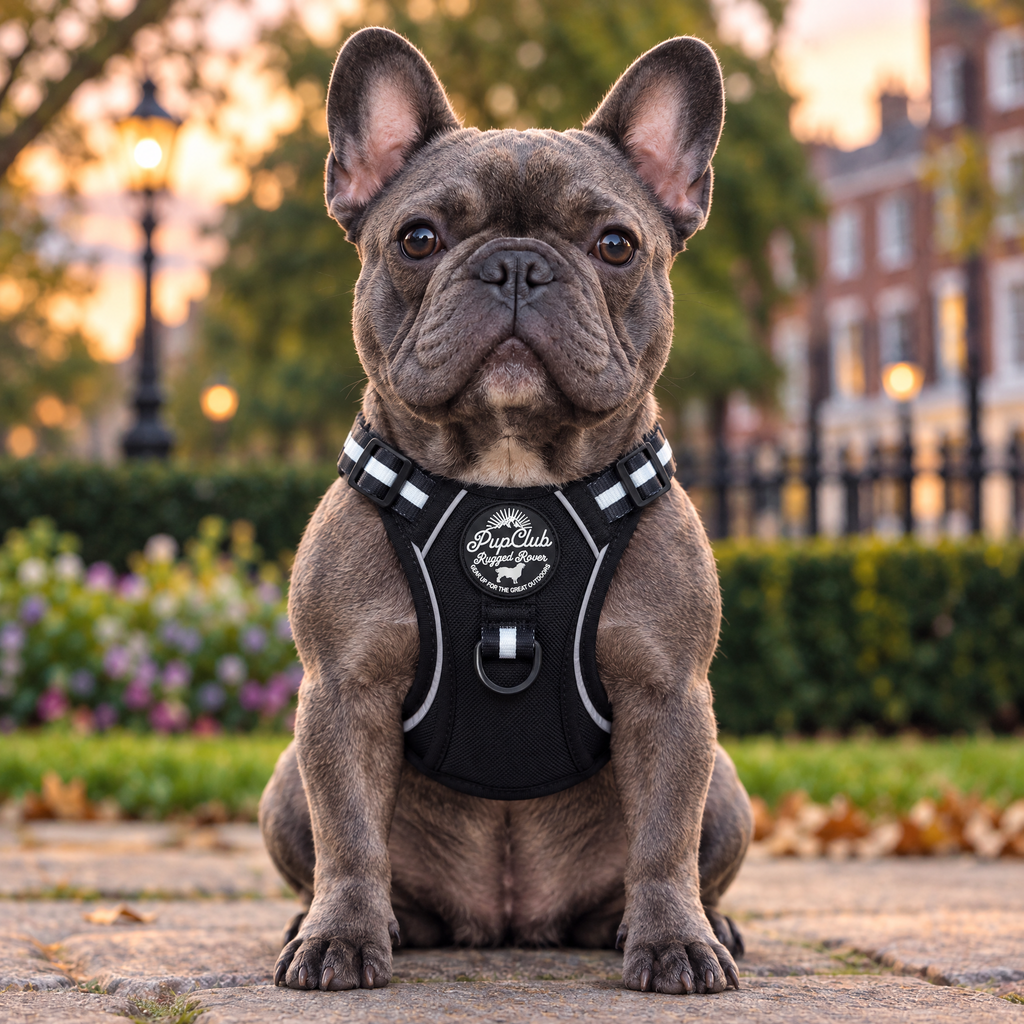 French Bulldog wearing the Midnight Black Rugged Rover dog harness by PupClub Couture, front view showing the chest panel and badge