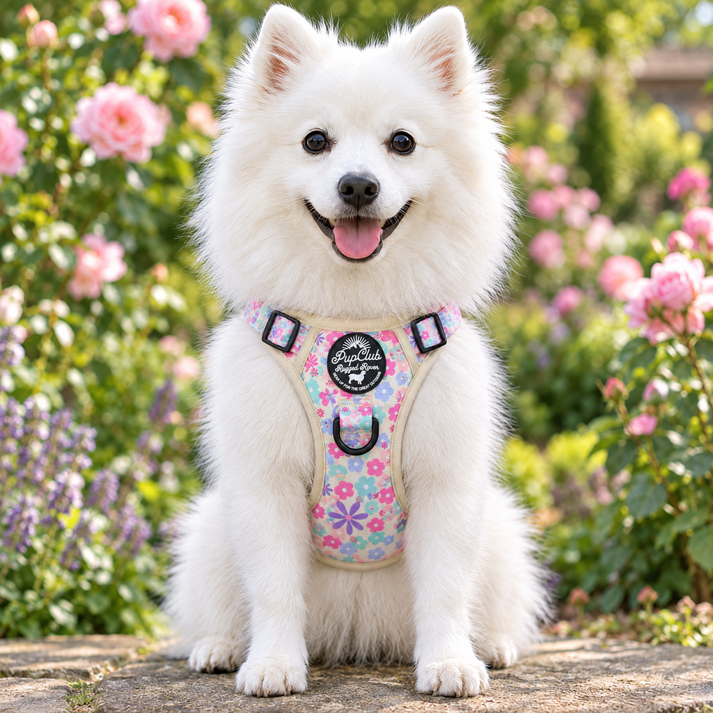 Japanese Spitz wearing the Pretty Petals Rugged Rover dog harness by PupClub Couture, front view showing the chest panel and badge