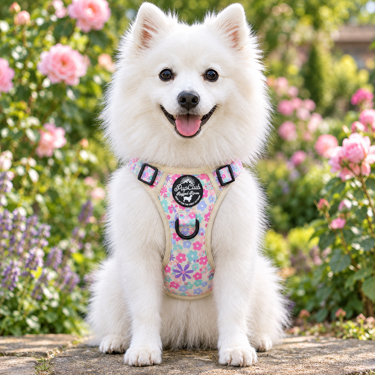 Japanese Spitz wearing the Pretty Petals Rugged Rover dog harness by PupClub Couture, front view showing the chest panel and badge