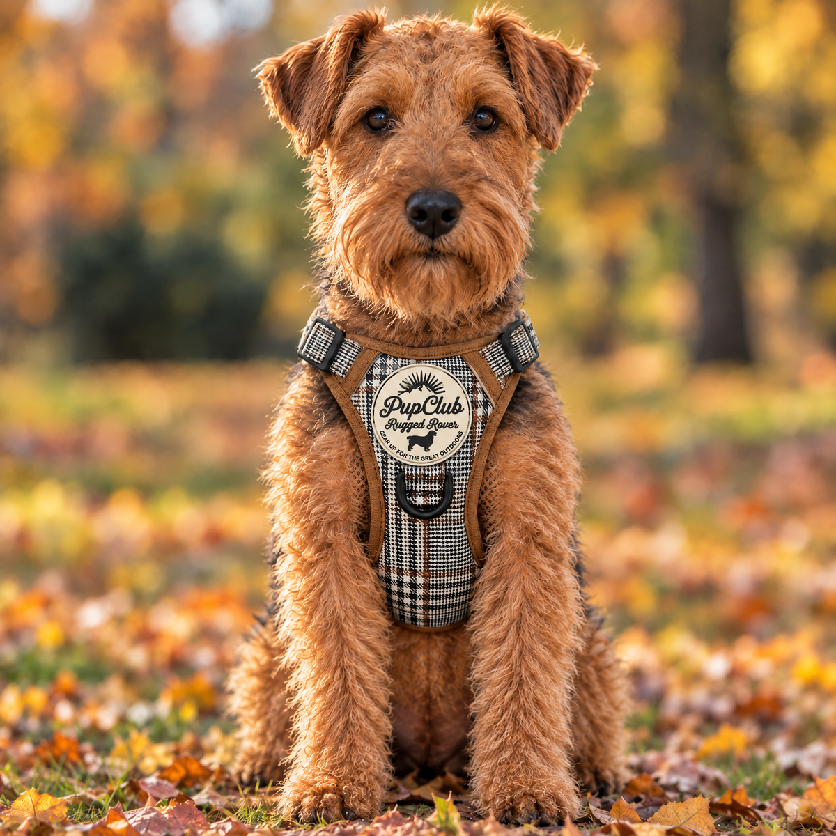 Welsh Terrier wearing the Foxbury Plaid Rugged Rover dog harness by PupClub Couture, front view showing the chest panel and cream badge
